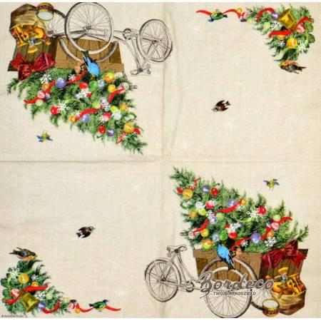 Serwetka decoupage firmy AMBIENTE choinka i rower 33x33cm